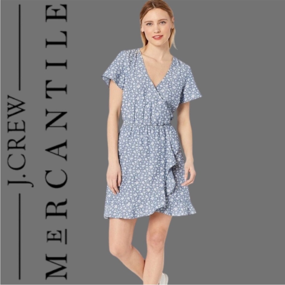 J. Crew Mercantile Chambray Floral Ruffle Faux wrap Dress